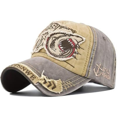 Casquette de baseball unisexe en coton délavé vintage, Chapeau bloc de couleur requin brodé, Plusieurs couleurs disponibles[G32] beige