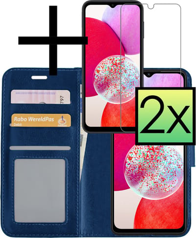 Hoesje - Met 2x Screenprotector - Geschikt voor Samsung Galaxy A14 - Luxe Pasjeshouder - Bookcase Portemonee - Flip Case - Kunstleer Book Case - Flipcase Hoes - Book Cover - Walletcase - Portemonneehoes - Donkerblauw