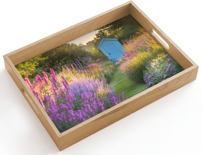 Dienblad hout 40x30 cm - Schootdienblad - Tuinhuisje - Blauw - Bloemen - Borrelplank rechthoek - Plateau dienbladen