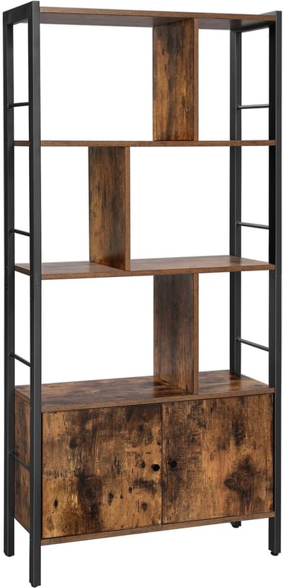 NaevaMi Boekenkast – Boekenrek - Industrieel met 4 Open Planken - Opbergkast met Deuren – Standplank - Vintage Hout & Zwart Metaal – Boekenrek voor Woonkamer, Slaapkamer of Kantoor – 30×74×153 cm – Bruin