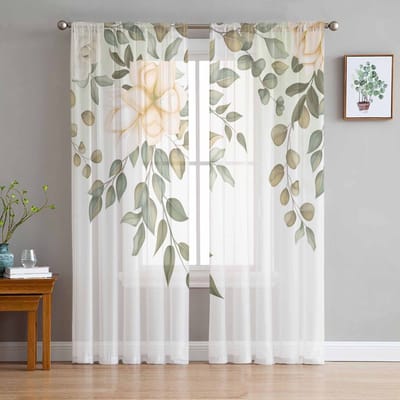 Landelijke Planten Bloemen Grassen Slaapkamer Gordijnen Tule Transparant Gordijn Woonkamer Huisdecoratie Voile Draperieën 135W x 114H(cm) white
