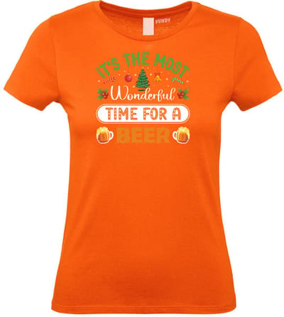 Dames t-shirt Time For A Beer | Foute Kersttrui Dames Heren | Kerstcadeau | Kerstpakket | Oranje (Dames) | maat XS