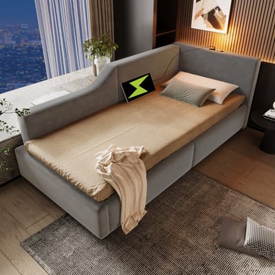 MEUNIQ Bedbank 90x200 cm met hydraulische opbergruimte, leeslamp, USB-C, houten lattenbodem en gestoffeerd frame voor slaapkamer, grijs