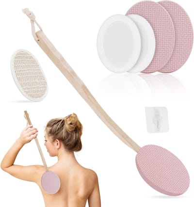 7-delige set rugcrèmhulp met lange steel en 4 verwisselbare pads rugcrème-applicator rugborstel douchebad lichaamswasborstel rugverzorging (roze)