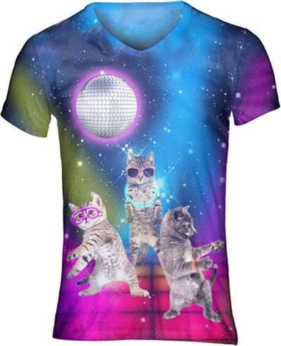 Discokittens Festival shirt - Maat: S - V-hals - Feestkleding - Festival Outfit - Fout Feest - T-shirt voor festivals - Rave party kleding - Rave outfit - Kattenshirt - Nineties