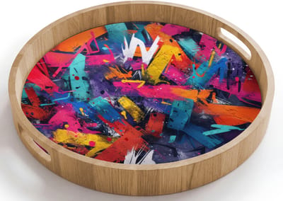 Dienblad rond 40x40 cm - Schootdienblad hout - Abstract - Explosie - Neonkleuren - Borrelplank rechthoek - Plateau houten dienbladen