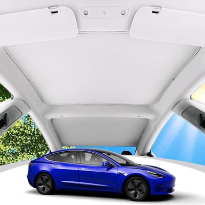 Allecto Plus - Glazen dakzonnescherm voor Tesla Model 3 - Highland glazen dakzonwering - Reflecterende hoezen - Accessoires - Compatibel met model 3 - Voor en achter - Met dakraam - 2024-2023