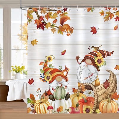 Dailygoods- Douchegordijn 180x180 cm - Schimmelwerend - Waterdicht - Wasbaar - Polyester - Herfstpatroon met dwergen - Badkamergordijn