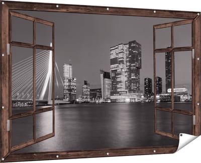 Gards Tuinposter Doorkijk Rotterdamse Skyline - Zwart Wit - 180x120 cm - Tuindoek - Tuindecoratie - Wanddecoratie buiten - Tuinschilderij