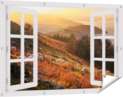 Gards Tuinposter Doorkijk Schapen in de Bergen - 120x80 cm - Tuindoek - Tuindecoratie - Wanddecoratie buiten - Tuinschilderij