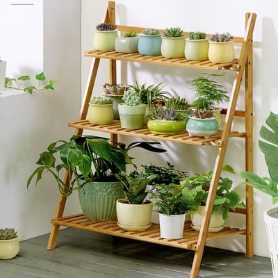unho Bamboe Plantenstandaard - 3 Tier Plantenladder - Opvouwbaar Bloempot Display Planchet Rek voor Binnen Buiten Home Patio Gazon Tuin Balkon - Plantenhouder Organisator - 69 x 37 x 96cm