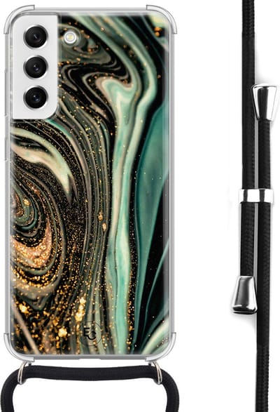 Hoesje met koord geschikt voor Samsung Galaxy S21 FE - Magic marble - Inclusief koord - Crossbody beschermhoes - Transparant, Groen - Mooie Telefoonhoesjes