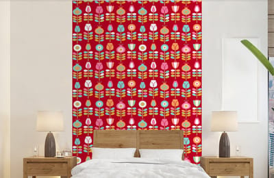 Behang - Fotobehang Patronen - Bloemen - Retro - Rood - Breedte 140 cm x hoogte 220 cm
