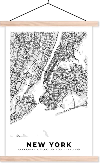 Posterhanger incl. Poster 40x60 cm - Schoolplaat - New York - Stadskaart - Zwart Wit - Plattegrond - Kaart - Textielposter - Blanke latten - Stadskaart