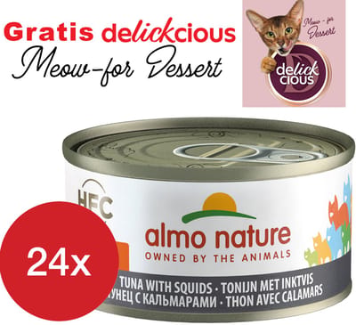 Almo Nature jelly met tonijn en inktvis 24 x 70 gram met GRATIS Delickcious dessert