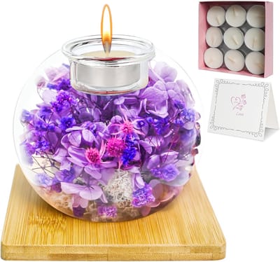 Bloemen in Glas - Gedroogde Planten - Romantisch Cadeau - Met Geurkaarsen - 15x15x18 cm