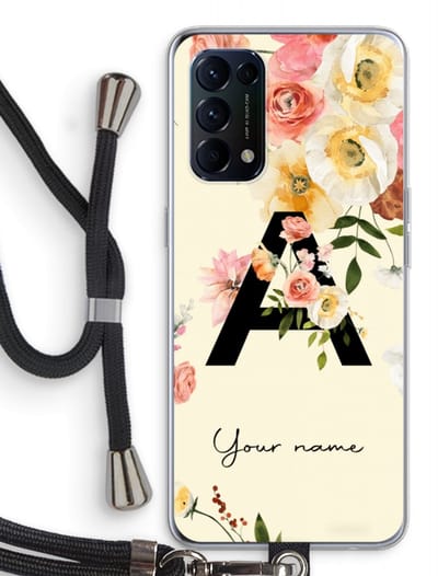 Gepersonaliseerd - Case Company® - Hoesje met koord geschikt voor Oppo Find X3 Lite hoesje met Koord - Flirty Flowers Monogram - Telefoonhoesje met Zwart Koord - Bescherming aan alle Kanten en Over de Schermrand