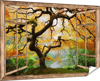Gards Tuinposter Doorkijk Oude Knoestige Boom - 180x120 cm - Tuindoek - Tuindecoratie - Wanddecoratie buiten - Tuinschilderij
