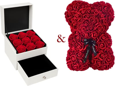 Bloemen & Rozenbeer & Silverplated Hartjes Ketting | Ketting Dames |Sieradendoos | Vrouw | Vriendin | Moeder | Dochter | Verjaardag | Cadeau | Geschenkset Vrouwen | Juwelendoos | Rozenblaadjes | Geschenkdoos |