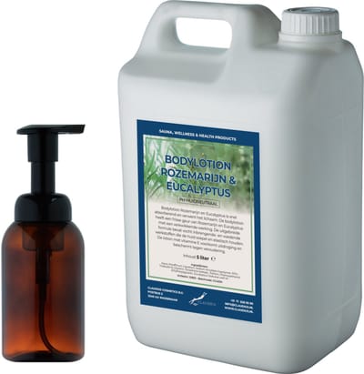 Zeepdispenser 300 ml amber bruin hervulbaar + 5 liter Bodylotion Rozemarijn & Eucalyptus navulling