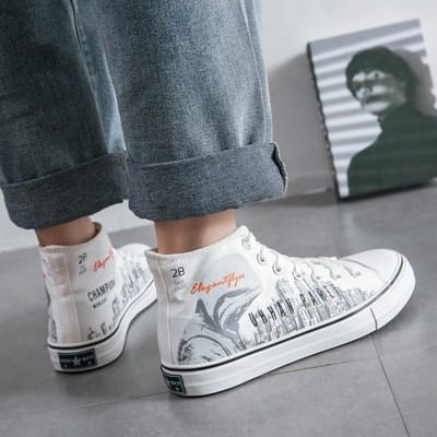 Herenschoenen Lente Nieuwe Graffiti High-Top Canvas Schoenen Mannelijke Studenten Net Rood Schoenen Heren Trendy Schoenen Gao Bang Board Schoenen Heren 44 gray