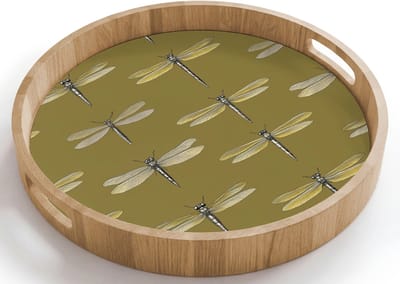 Dienblad rond 40x40 cm - Schootdienblad hout - Libellen - Patroon - Groen - Borrelplank rechthoek - Plateau houten dienbladen