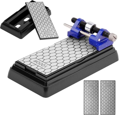 Diamant slijpsteen voor het slijpen van honingraat messen, 400/1000 korrel, met antislip basis en hoekgeleider voor keuken- en tuingereedschap