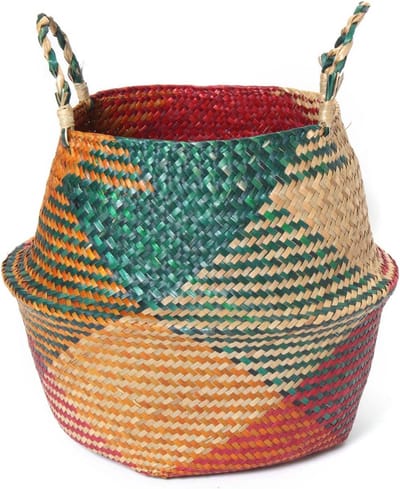 Natuurlijke Buik Mand - Handgemaakte Wasmand en Plantenbak voor Opbergen - Rood 29x26cm