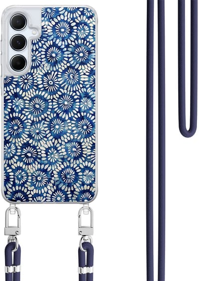 Hoesje met koord geschikt voor Samsung Galaxy A35 5G - Azure daisies - Inclusief Donkerblauw koord - Crossbody beschermhoes - Transparant, Blauw - Mooie Telefoonhoesjes