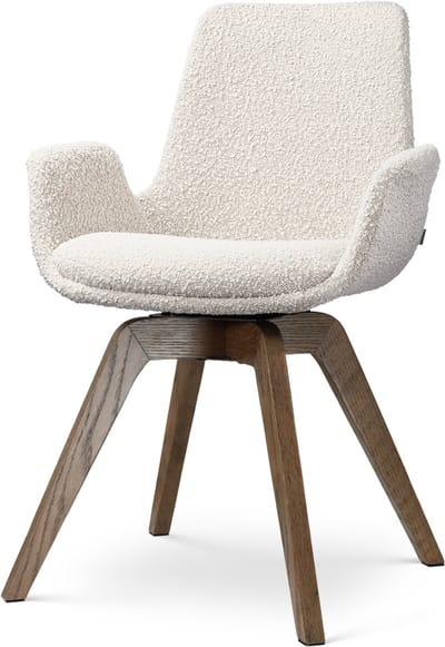 Nolon Noor-Eef draaibare Eetkamerstoel bouclé beige - walnoot houten onderstel - japandi - armstoel - comfortabele zitting