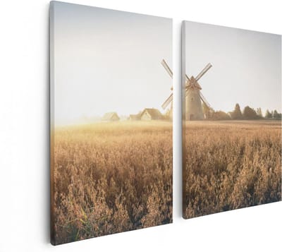 Artaza Canvas Schilderij Tweeluik Windmolen in het Veld - 80x60 - Foto Op Canvas - Canvas Print