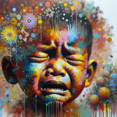 Acryl huilend kind schilderij | Tranen van kleur: een emotionele expressie van het kind | Kunst - 100x100 centimeter op Dibond | Foto op Dibond