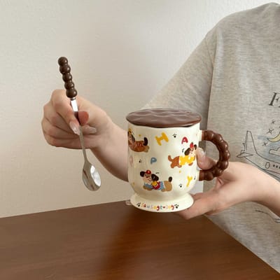 Tasse en Céramique Mignonne Chien Teckel avec Couvercle Cuillère Eau Domestique pour Petit Déjeuner Café Lait Tasse Pratique Cadeau d'Anniversaire 400ML