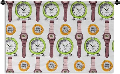 Wandkleed - Wanddoek - Wekker - Horloges - Stopwatch - Patronen - 90x60 cm - Wandtapijt