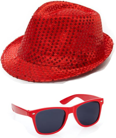Folat - Verkleedkleding set glitter hoed/party bril rood volwassenen