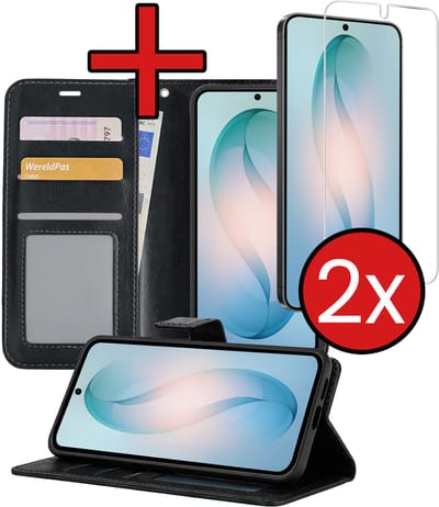 Hoesje - Met 2x Screenprotector - Geschikt voor Samsung Galaxy S26 - Luxe Pasjeshouder - Flip Case - Bookcase Portemonee - Kunstleer Book Case - Flipcase Hoes - Book Cover - Walletcase - Portemonneehoes - Telefoonhoes - Zwart
