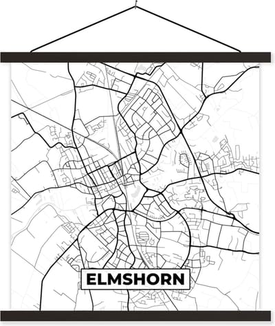 Posterhanger incl. Poster 60x60 cm - Schoolplaat - Plattegrond - Kaart - Stadskaart - Elmshorn - Textielposter - Zwarte latten - Stadskaart