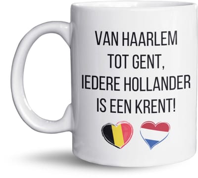 NietMokken.nl - Grappige mok – Van Haarlem tot Gent, iedere Hollander is een krent! – Leuk cadeau voor Belgen en Nederlanders – Keramische koffiemok – Vaatwasser- en magnetronbestendig - Keramische tas 325ml