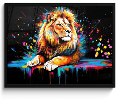 Poster in lijst - Fotolijst 70x50 cm - Posters - Leeuw - Kleurrijk - Spetters - Posterlijst zwart - Decoratie - Wanddecoratie woonkamer - Muurdecoratie slaapkamer