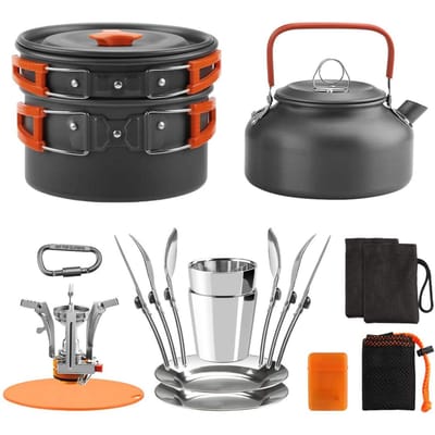Outdoor Camping Kookgerei Mess Kit Pot Pan Ketel Kookset Servies met Kooktoestel Lepel Vork Snijder oranje