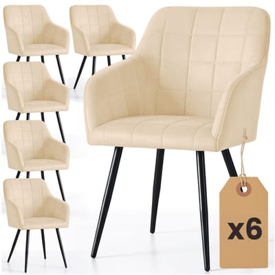 Set van 6 Eetkamerstoelen LUXANO met Armleuningen / Gestoffeerde Stoelen / Fluwelen Stoelen en Metalen Poten / Beige met zwarte benen