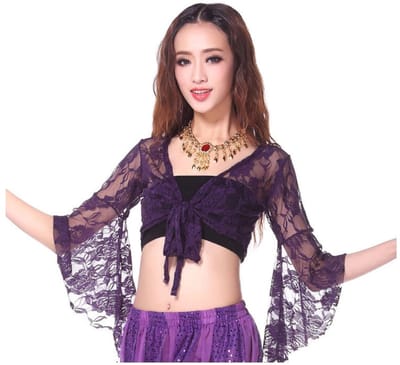 Dailygoods- Crop Top Dames - Wikkeltop met Knoopband - 3/4 Uitlopende Mouwen - Ademend Jacquard Kant - Geschikt voor Buikdans en Yoga - Danstop