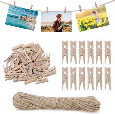 150 Stuks Houten Wasknijpers 3,5 cm met 10m Jute Touw