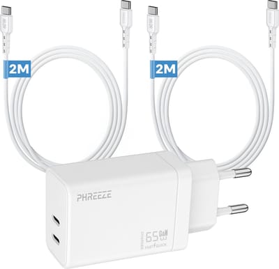 Phreeze 65 W usb C snellader - Dual port Power Delivery oplader met 2 usb C kabels voor laptop en tablet - 2 meter