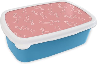 Broodtrommel Blauw - Lunchbox - Brooddoos - Flamingo - Line Art - Roze - Patronen - 18x12x6 cm - Kinderen - Jongen