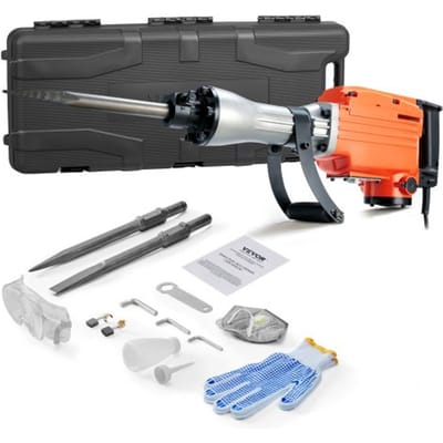 VEVOR Zware betonsloophamer 2200W, 1-1/8 inch / 28,6 mm elektrische sloophamer, boorhamer, betonhamer, beitelhamer 1400 BPM, inclusief puntbeitel, platte beitel, voor leisteen, beton, enz.
