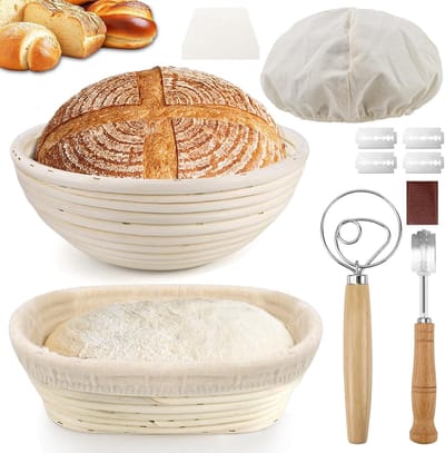 Fermentatie manden set voor brood bakken, 100% natuurlijk riet, ronde en ovale manden met linnen doek, inclusief deegschraper en deegklopper voor perfect brood
