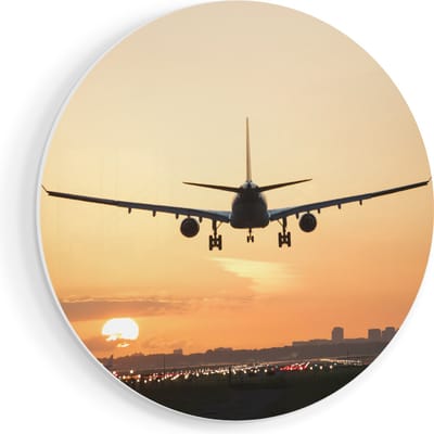 Artaza Forex Muurcirkel Vliegtuig Landt Tijdens Zonsondergang - 60x60 cm - Wandbord - Wandcirkel - Rond Schilderij - Wanddecoratie Cirkel