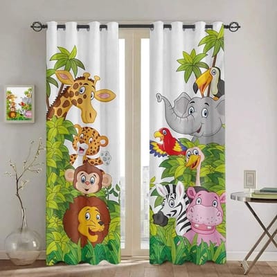 Cartoon Dieren Gordijnen voor Meisjes Jongen Baby Safari Dier Dunne Raamgordijn Woonkamer Jungle Leeuw Olifant 3D Print Overgordijnen W60H60(CM)x2pcs&Grommet Top white
