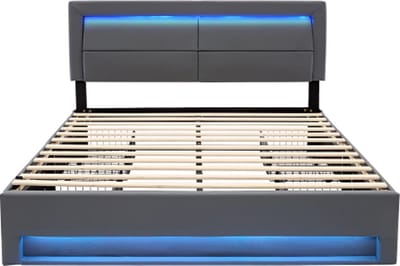 Gotagee Gestoffeerd bed 140x190cm (zonder matras) met USB poort LED verlichting en 4 lades (draadloos en bekabeld) litchi PU grijs